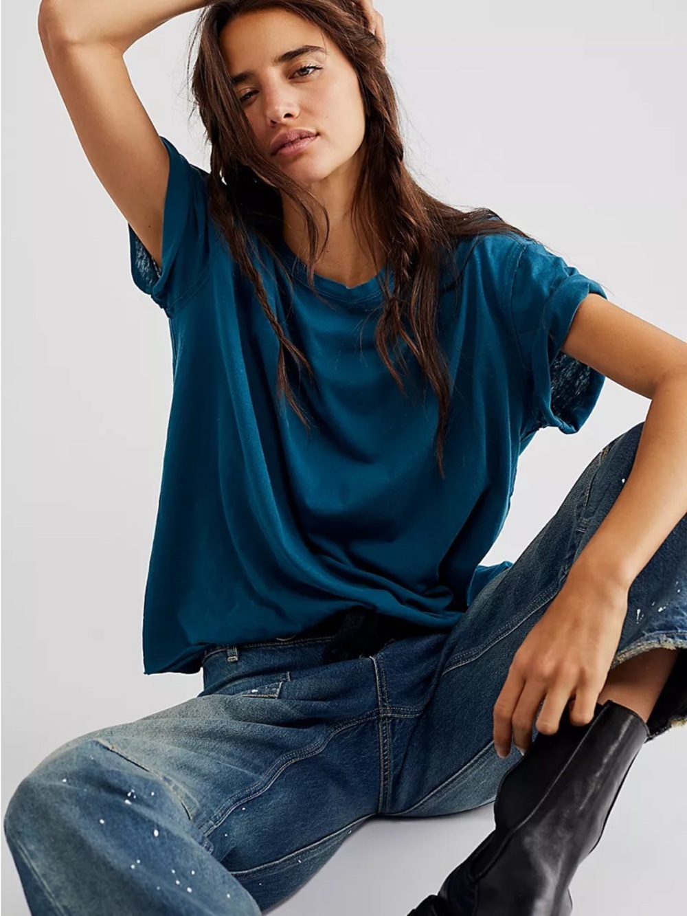 Free People Nina Tee Navy Patina Blue Short Sleeve Cotton T-Shirt XS Summer